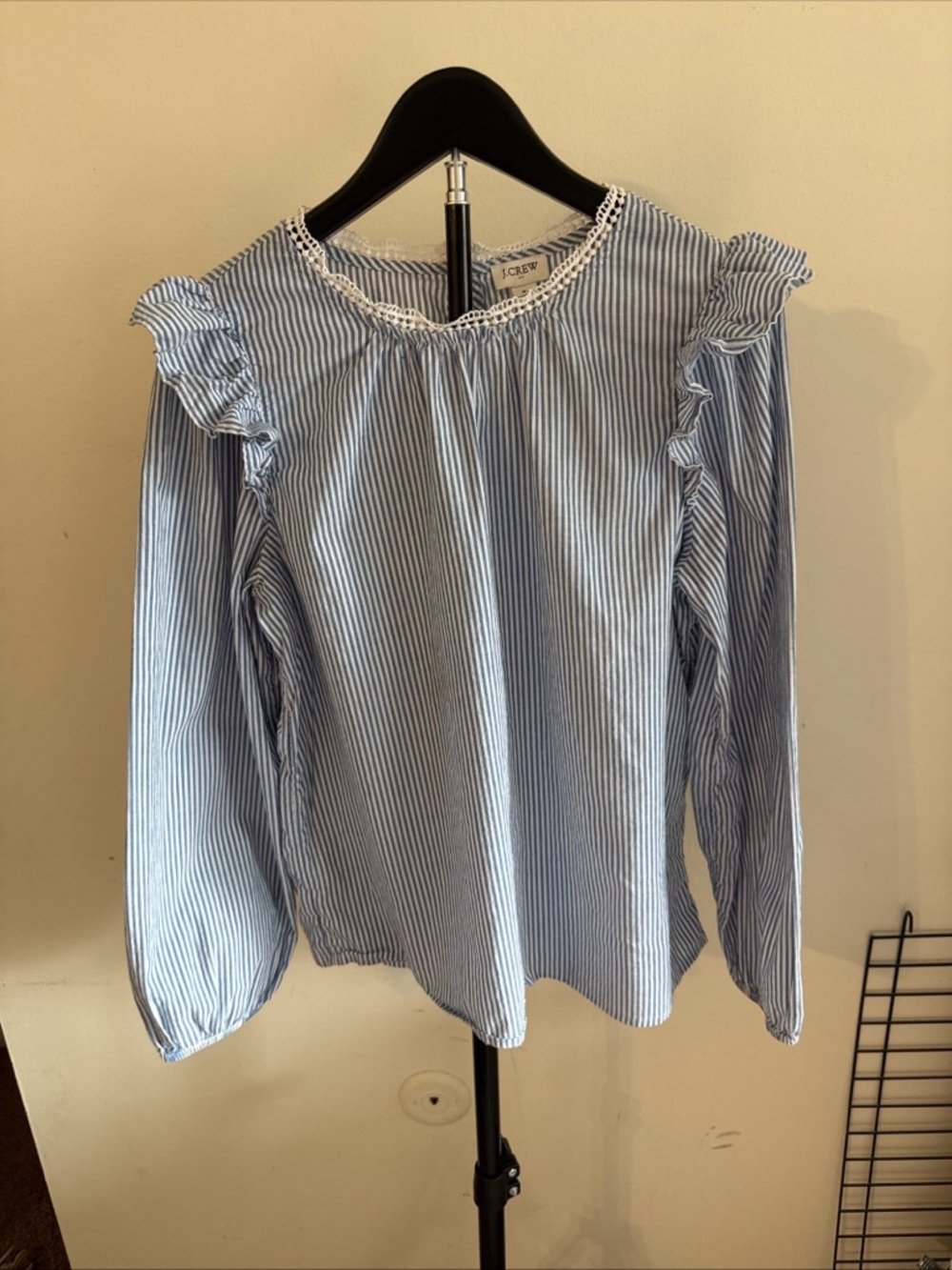 J. Crew Light Blue & White Striped Ruffle Shoulder Blouse